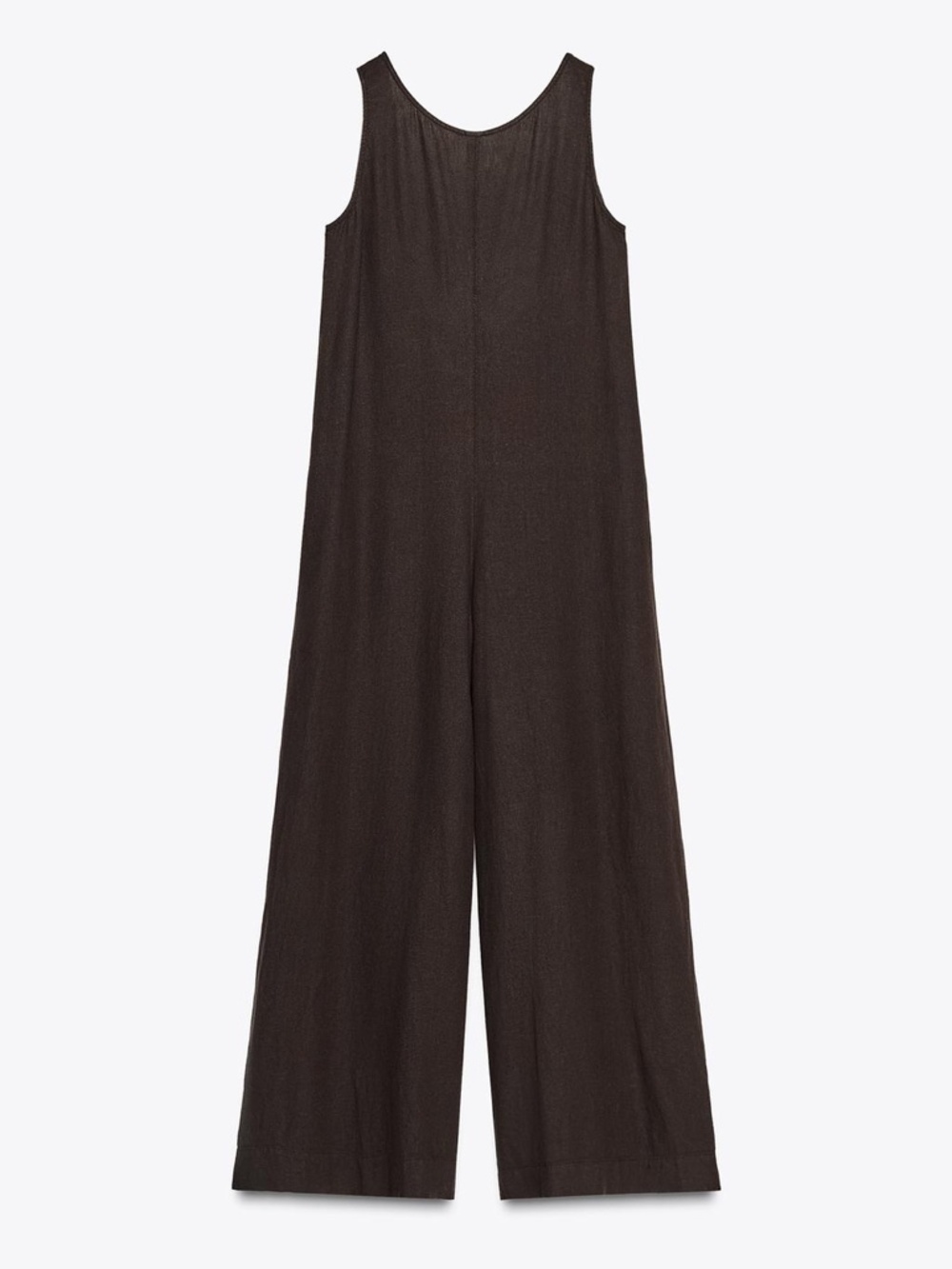 Zara Long Linen Jumpsuit Open back Sleeveless Brown Round Neckline Baggy - Picture 3 of 14